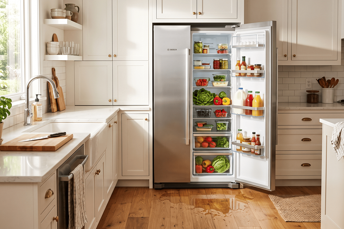 An open refrigerator in a nice kitchen with a puddle of water on the floor in front of it.