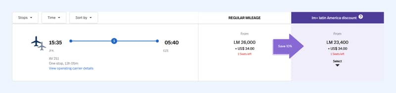 Avianca LifeMiles award search result for a one-stop New York (JFK) to Buenos Aires (EZE) flight, priced from 23,400 miles plus $34 with the lm+ Latin America discount