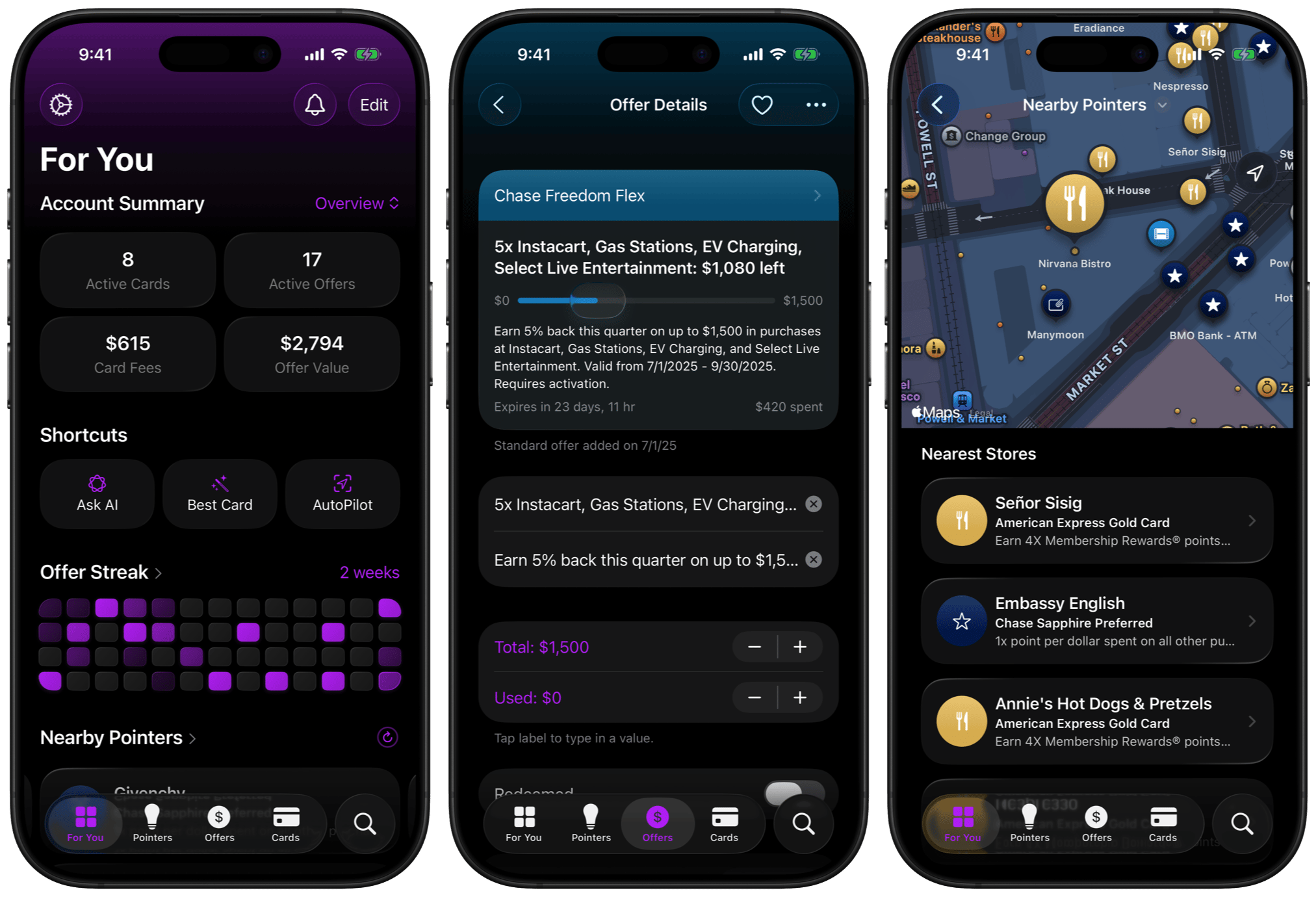 Three screenshots that show the account summary, offer details, and location-based features of the CardPointers app