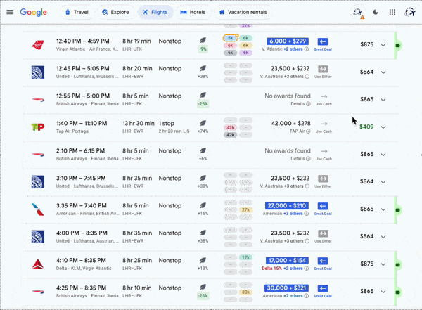 An animated GIF of the Points Wallet integrated in Google Flights