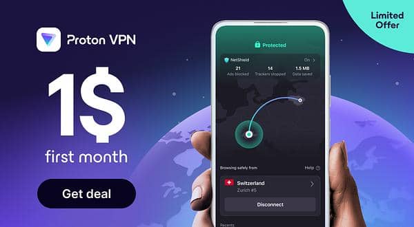 Proton VPN 1$ first month. Get deal. Text is displayed next to a hand holding a mobile phone with a globe in the background.