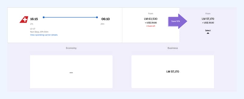 Avianca LifeMiles award search result for a nonstop New York (JFK) to Zurich (ZRH) flight on SWISS, priced from 63,530 miles plus $29, with business class the only cabin available