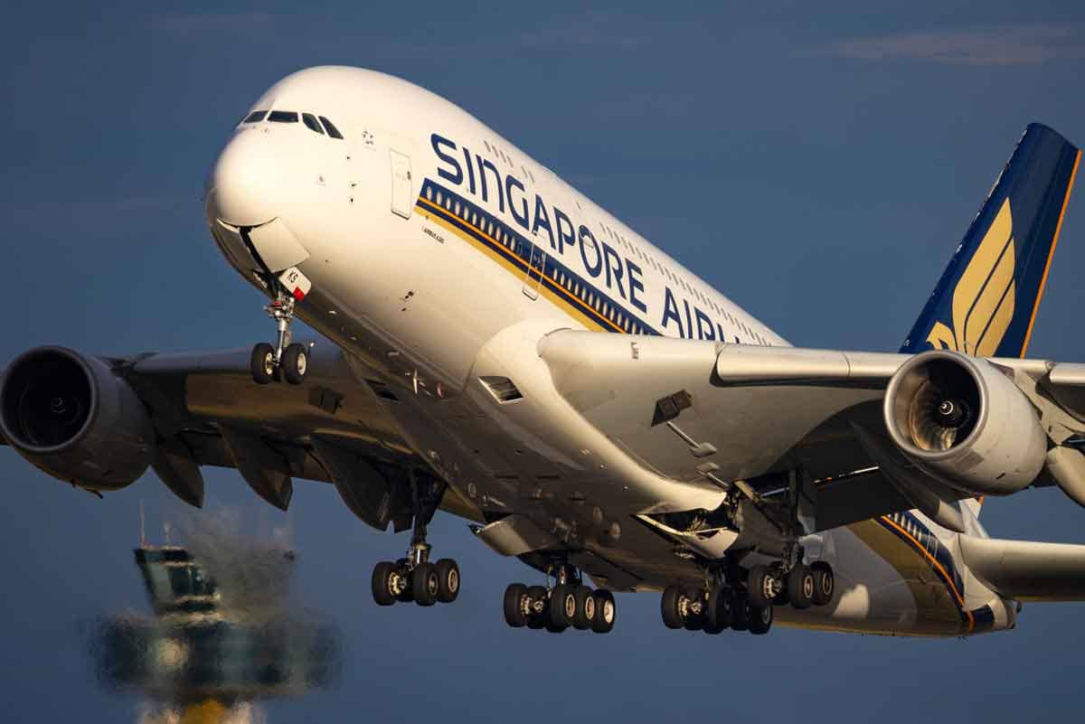 A Singapore Airlines Airbus A380 takes off from Sydney Airport in Australia.
