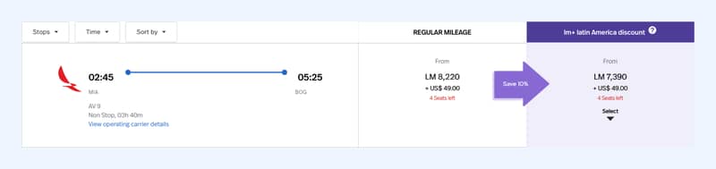 Avianca LifeMiles award search result for a nonstop Miami (MIA) to Bogotá (BOG) flight, priced from 7,390 miles plus $49 with the lm+ Latin America discount