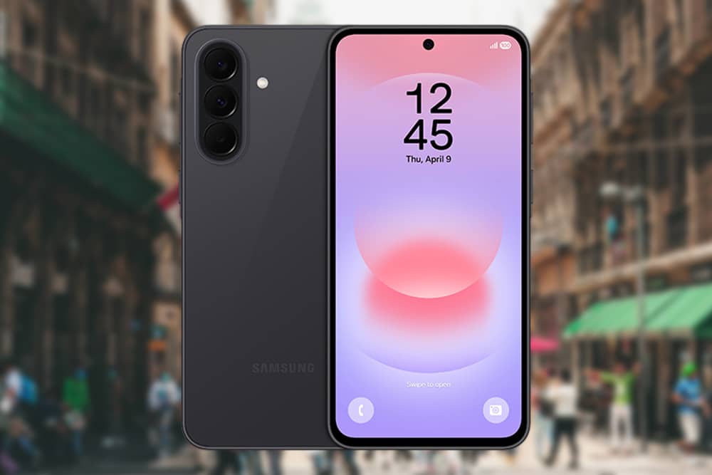 A Samsung Galaxy A37 is shown superimposed on a city street that is out of focus.