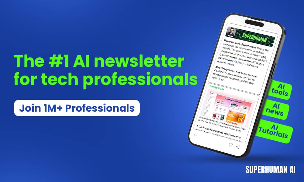 The #1 AI newsletter for tech professionals. Join 1M+ Professionals. A smartphone is shown to the right of this text with the Superhuman AI newsletter on the screen.