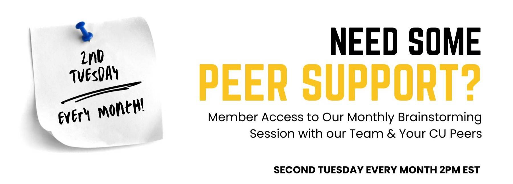 Need some peer support? Members get access to our Monnthly Brainstorming Session with our Team & Your CU Peers. Second Tuesday of every month! 