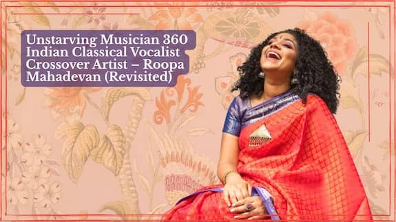 Episode artwork with the title "Unstarving Musician 360: Indian Classical Vocalist Crossover Artist – Roopa Mahadevan (Revisited)" in white text on purple. Roopa laughs with her head tilted back, wearing a red sari with a blue and gold border, seated against peach floral wallpaper.