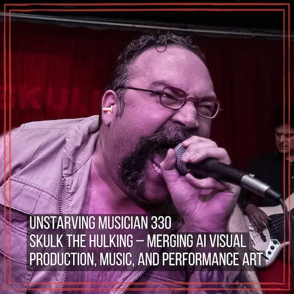 Steve Pasieka (Skulk the Hulking) screaming into a microphone | Unstarving Musician episode artwork for AI Music Production discussion