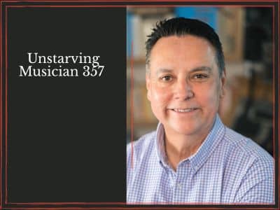 Headshot of George Macias on blurred background, framed in thin red lines with text "Unstarving Musician 357" on black.