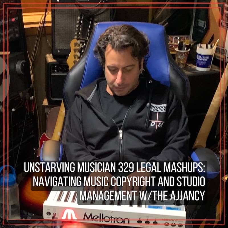 George Ajjan (The ajjancy) playing Mellotron keyboard in studio surrounded by music gear | Creating legal mashups
