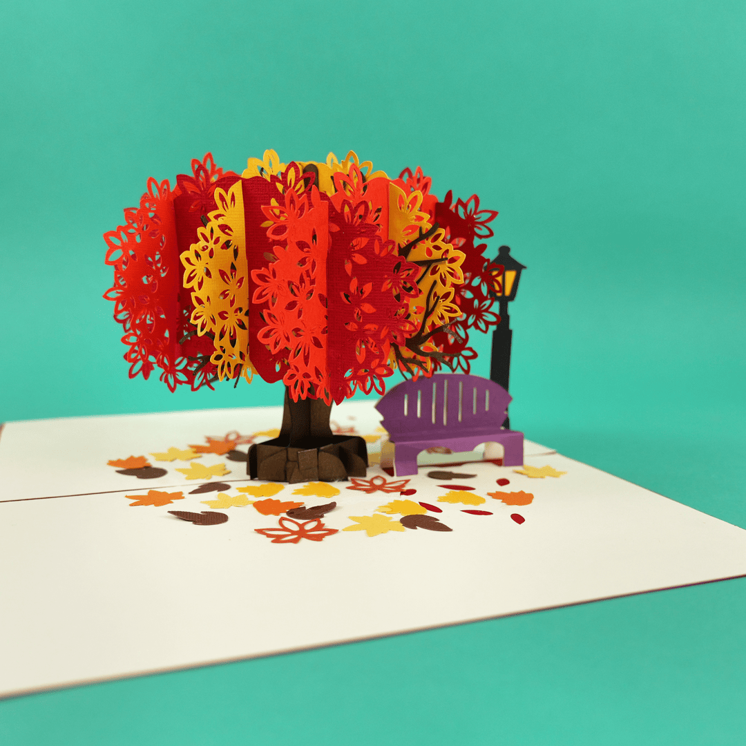 Red, orange and yellow fall tree pop up card