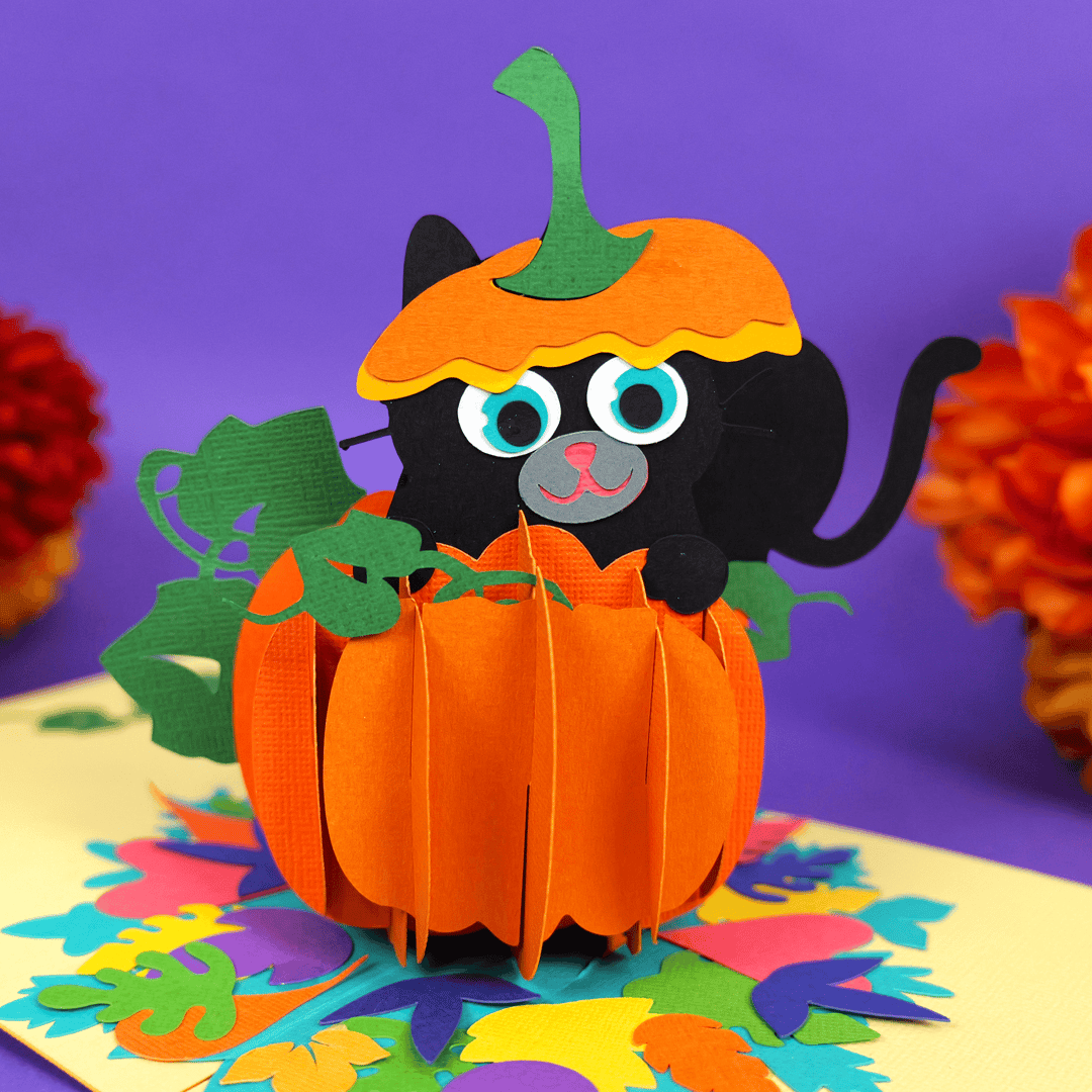 black cat popping out of a pumpkin pop up card