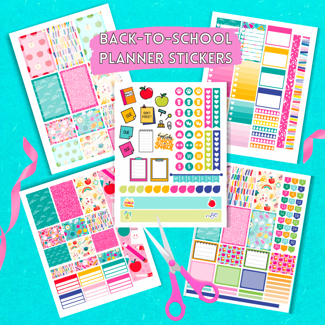 The image shows vibrant colorful planner stickers for school. 