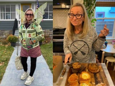 woman dressed as fairy and woman with goofy grin looking at pastries