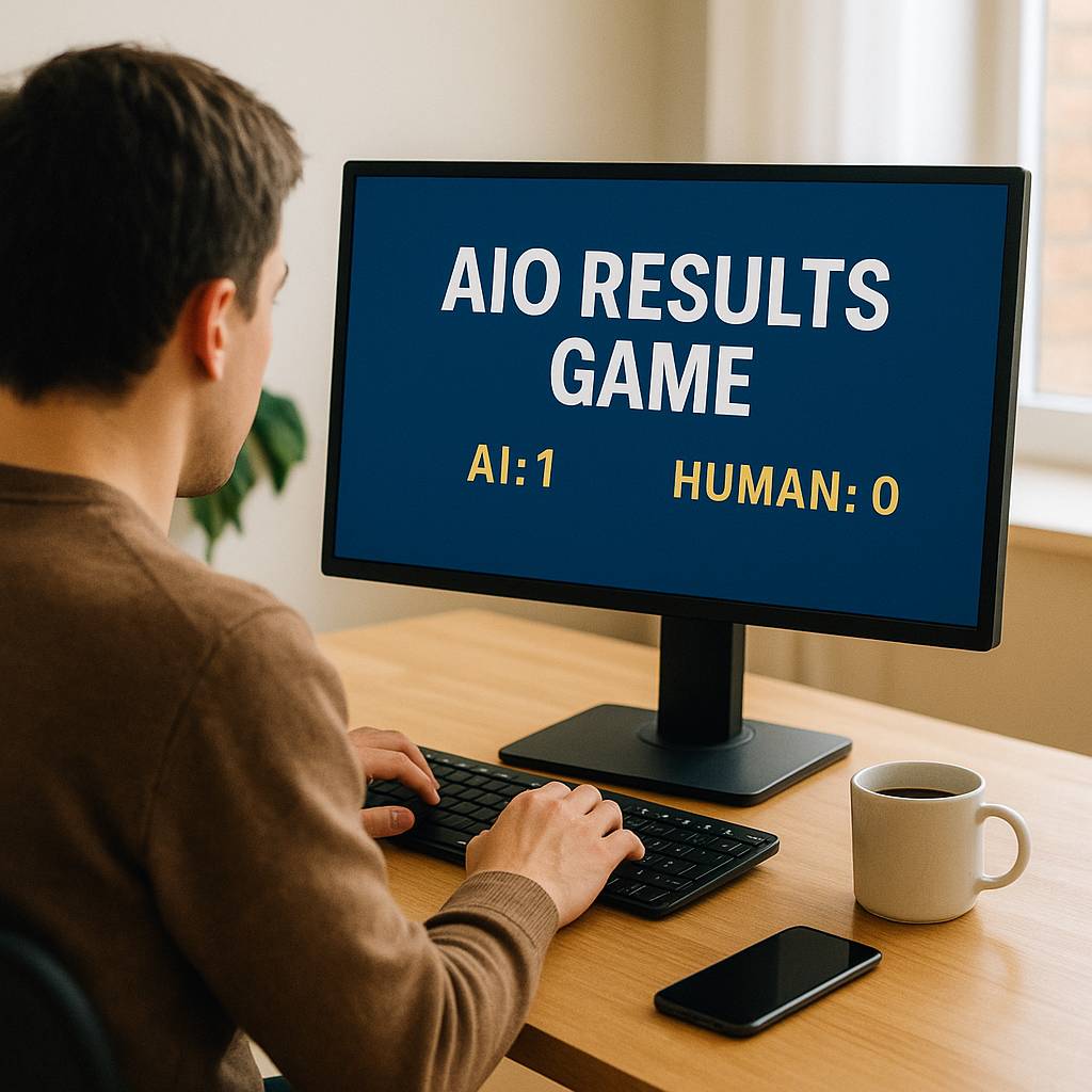 A person playing the AIO results game. The monitor is showing AI is winning with a score of 1 - 0.
