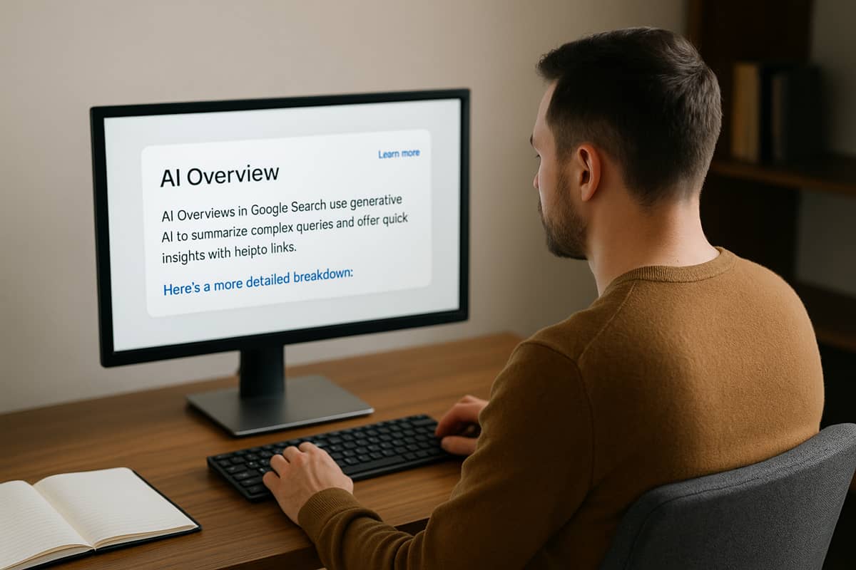 A person sitting at a desk using a computer and reading the text what is AI overview