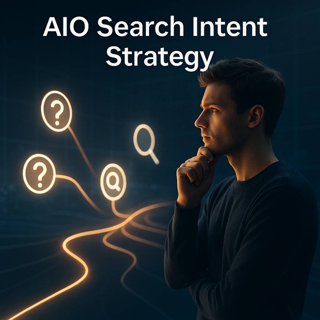 A thoughtful person standing at the digital crossroads, looking at multiple glowing paths or floating icons representing a good AIO Search Intent Strategy