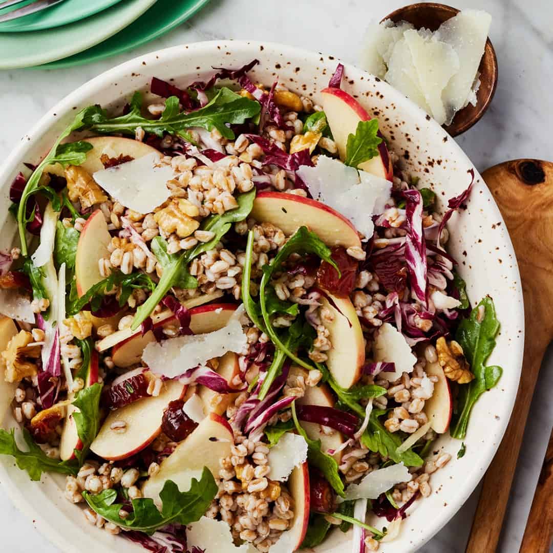 Farro salad with apples, arugula, and radicchio in a bowl