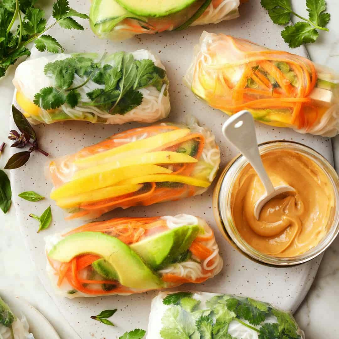 Platter of fresh spring rolls with peanut dipping sauce