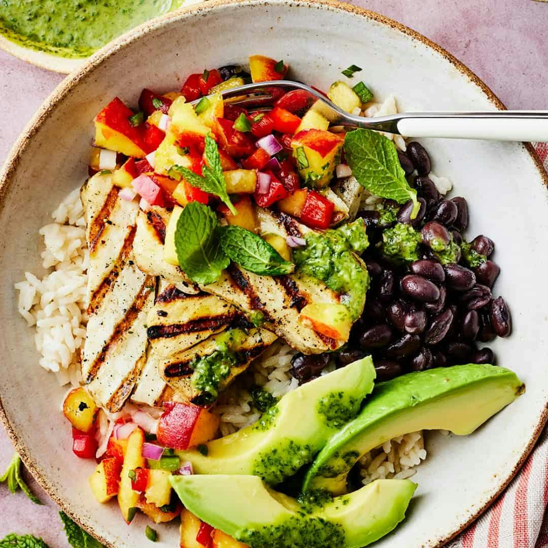 Peach salsa halloumi bowls