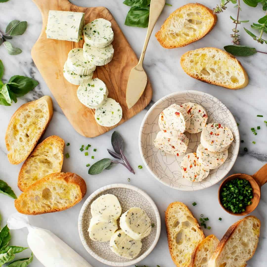 Compound butter and crostini on marble