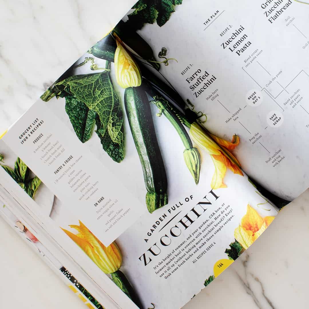 Cookbook open to Zucchini meal plan