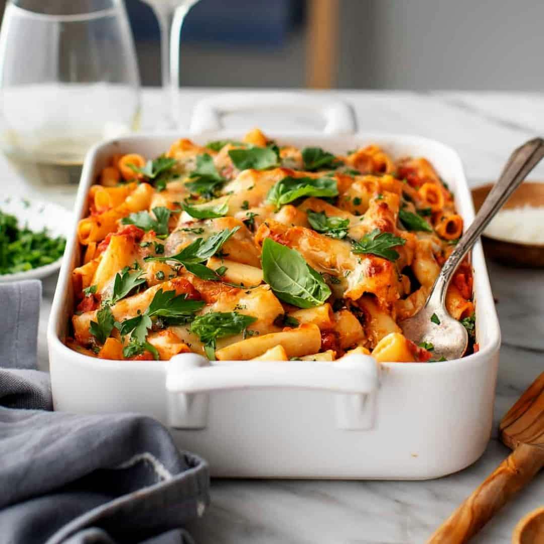 Baked ziti in casserole dish