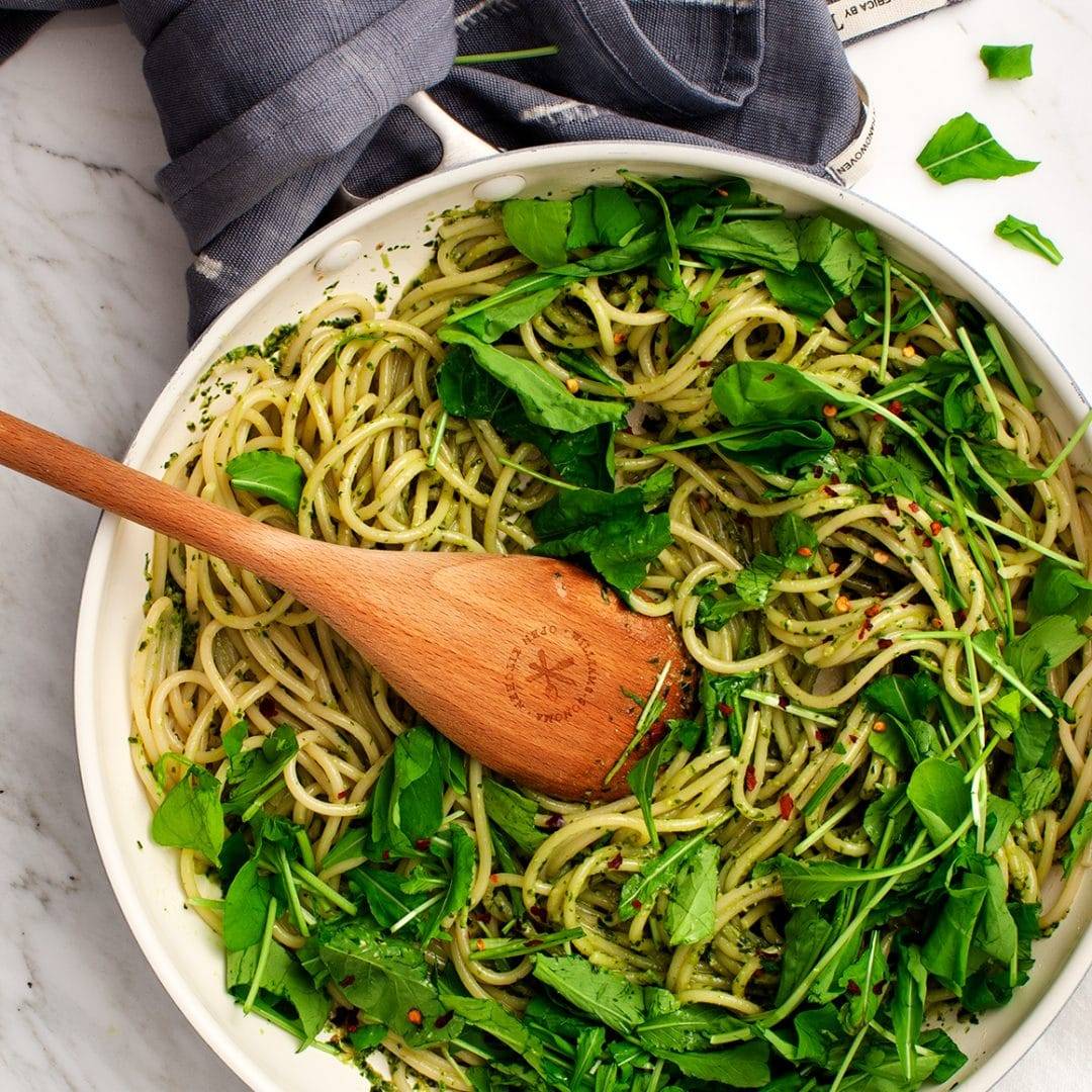 Pesto pasta in a skillet