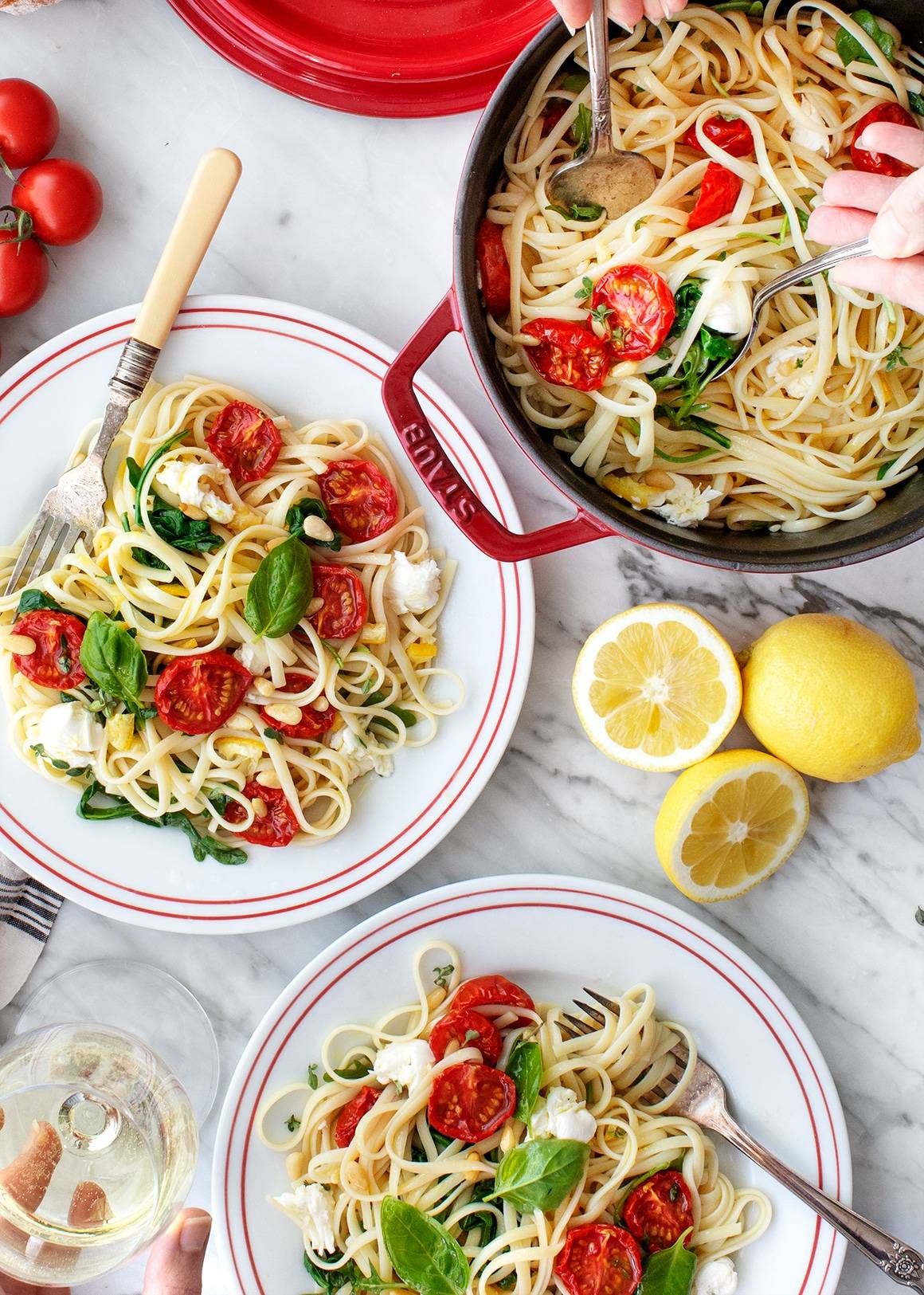 Linguine with tomatoes, arugula, and mozzarella