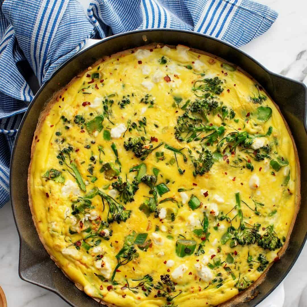 Broccoli and feta frittata in cast-iron skillet