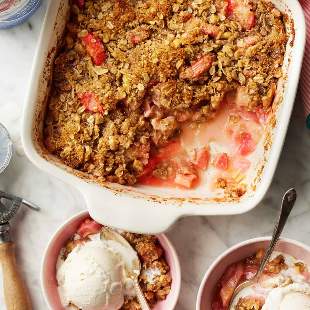 Rhubarb crisp in baking dish
