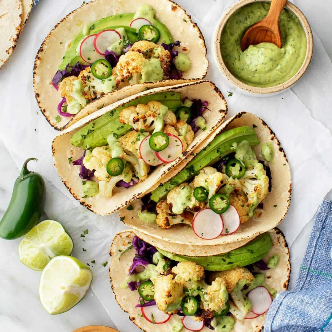 Roasted cauliflower tacos with cabbage and avocado