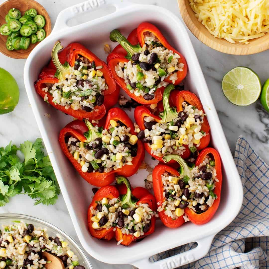 Stuffed peppers in a baking dish