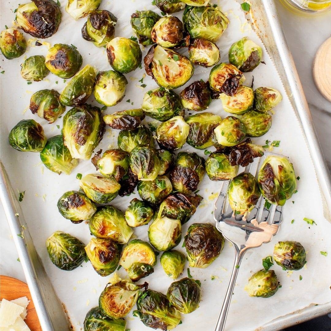 Roasted Brussels sprouts on a baking sheet