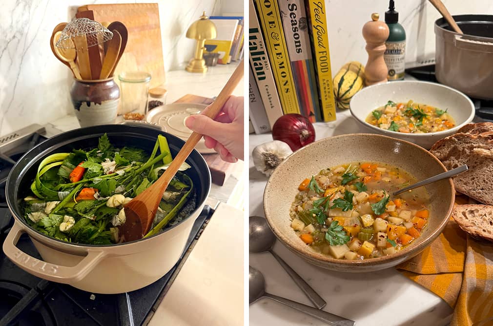 Side-by-side photos of pot with vegetable scraps to make homemade stock; and a bowl of homemade vegetable soup