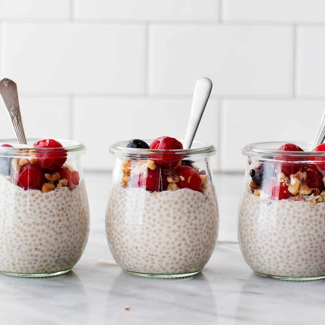Three jars of chia seed pudding