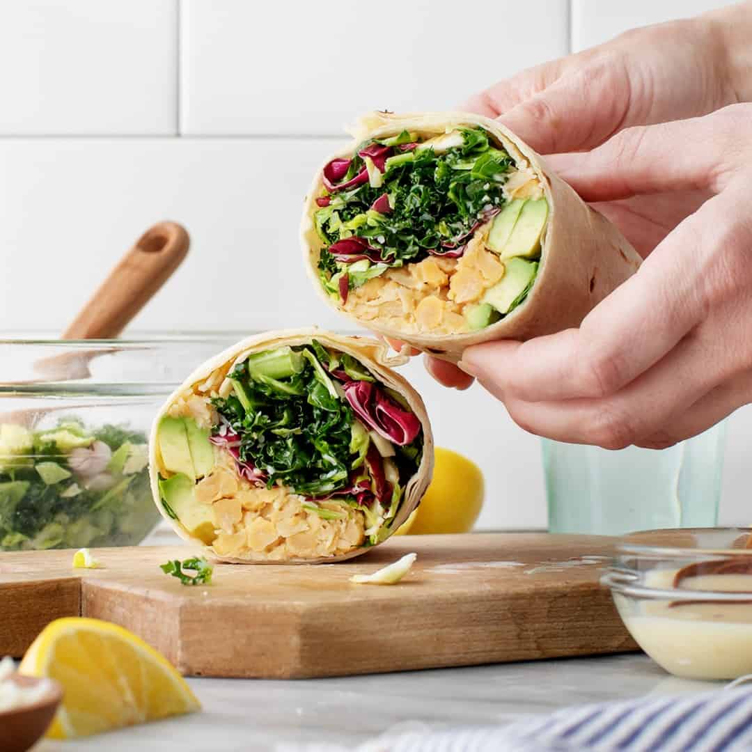 Healthy wraps with chickpeas, avocado, and kale