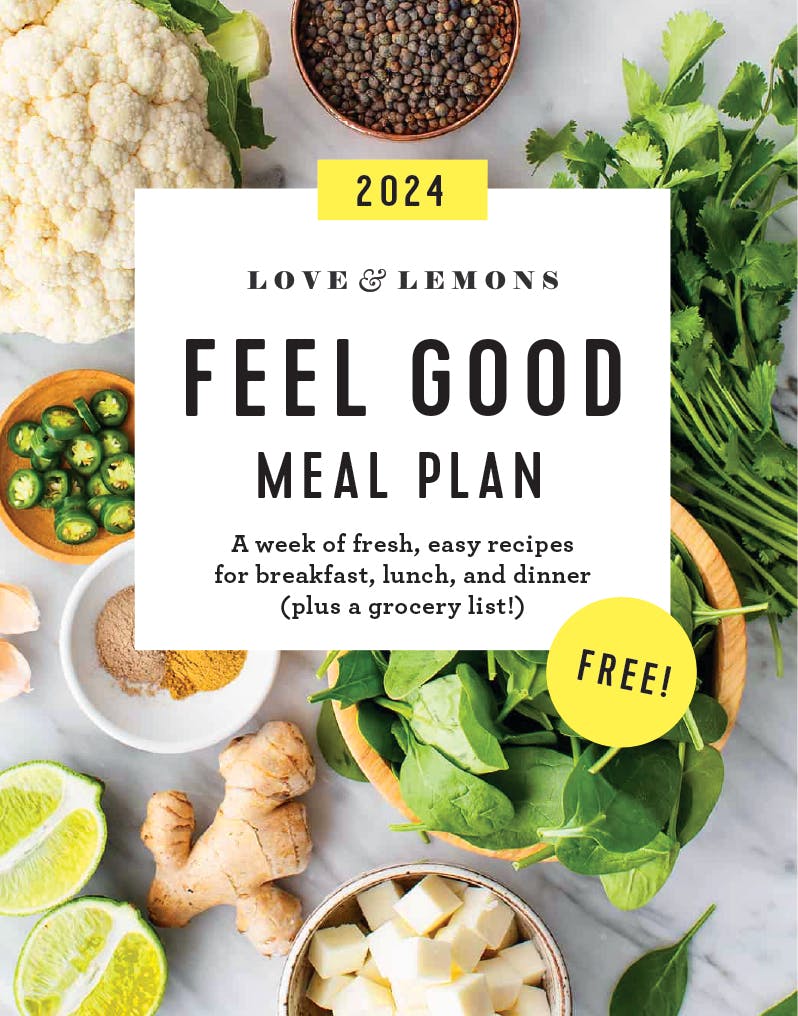 Feel Good Meal Plan cover - text over lentil salad ingredients on marble surface