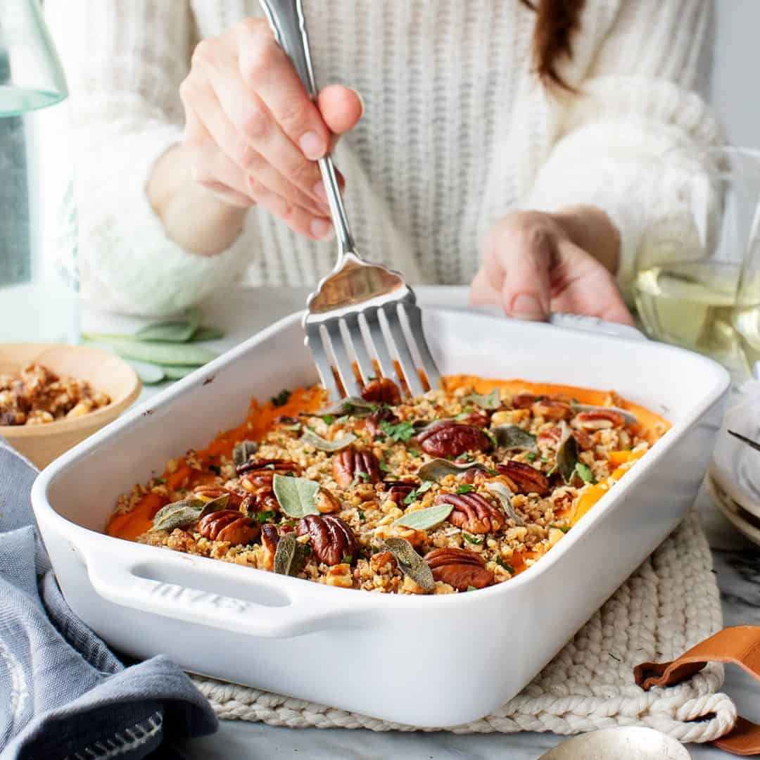 Sweet potato casserole with pecan and sage topping