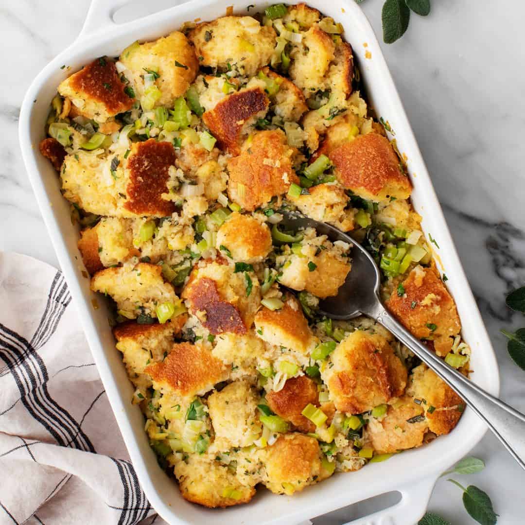 Homemade stuffing in a baking dish