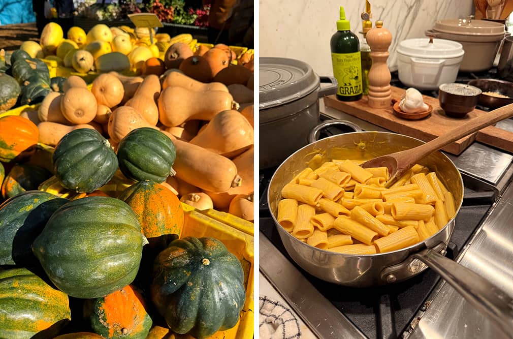 Side-by-side photos of squash at the farmers market; and butternut squash pasta in a skillet on the stove