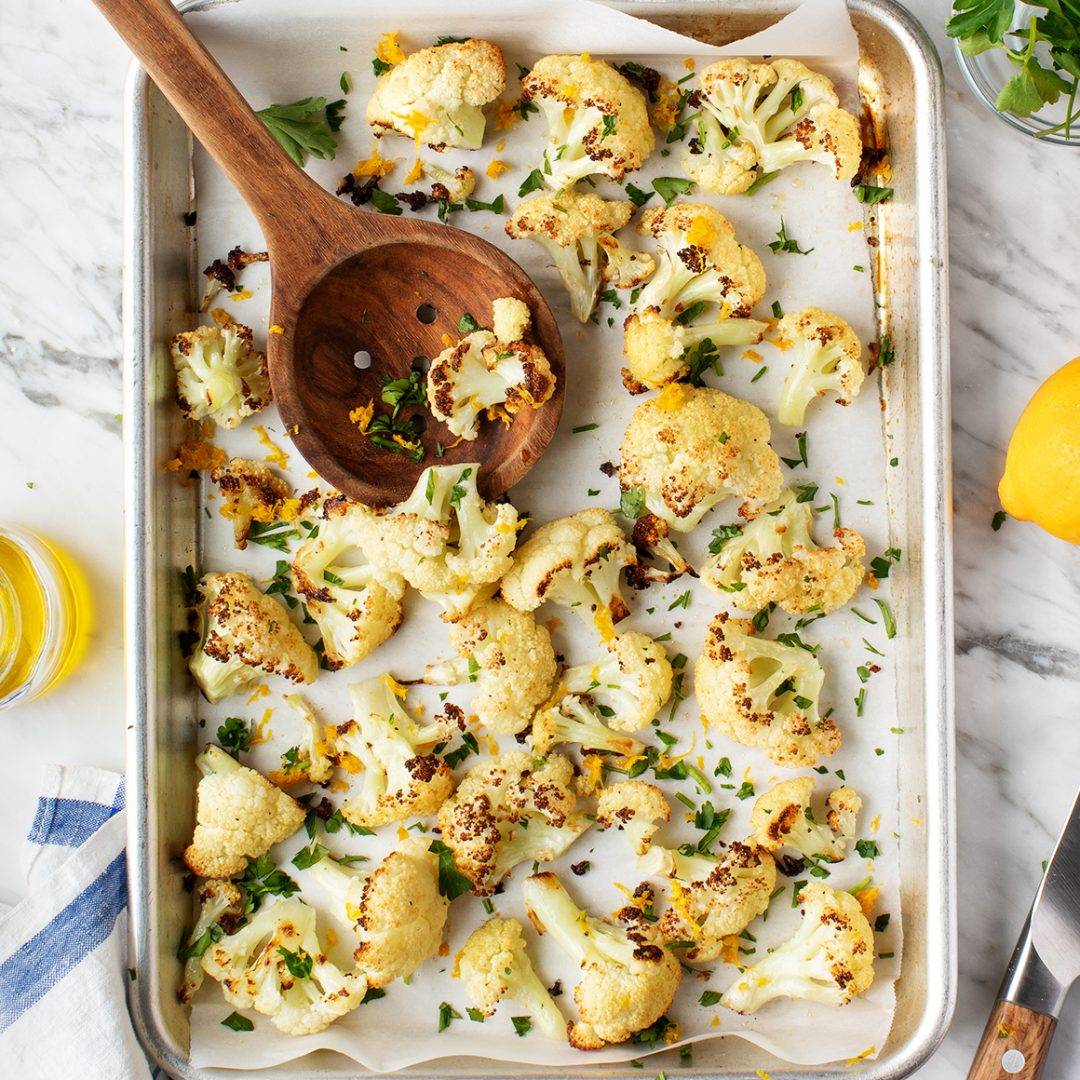 Roasted cauliflower on a baking sheet