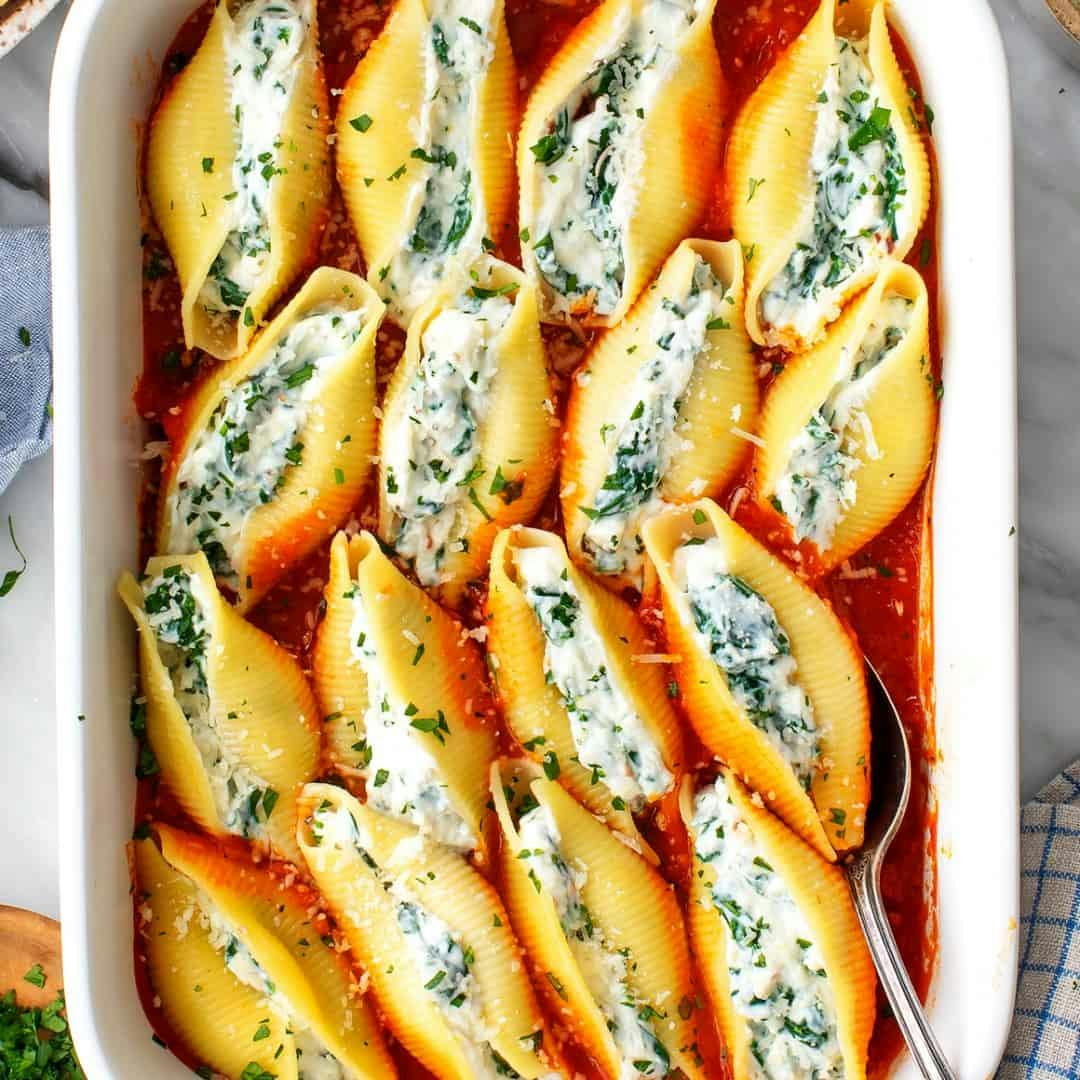 Stuffed shells in a baking dish