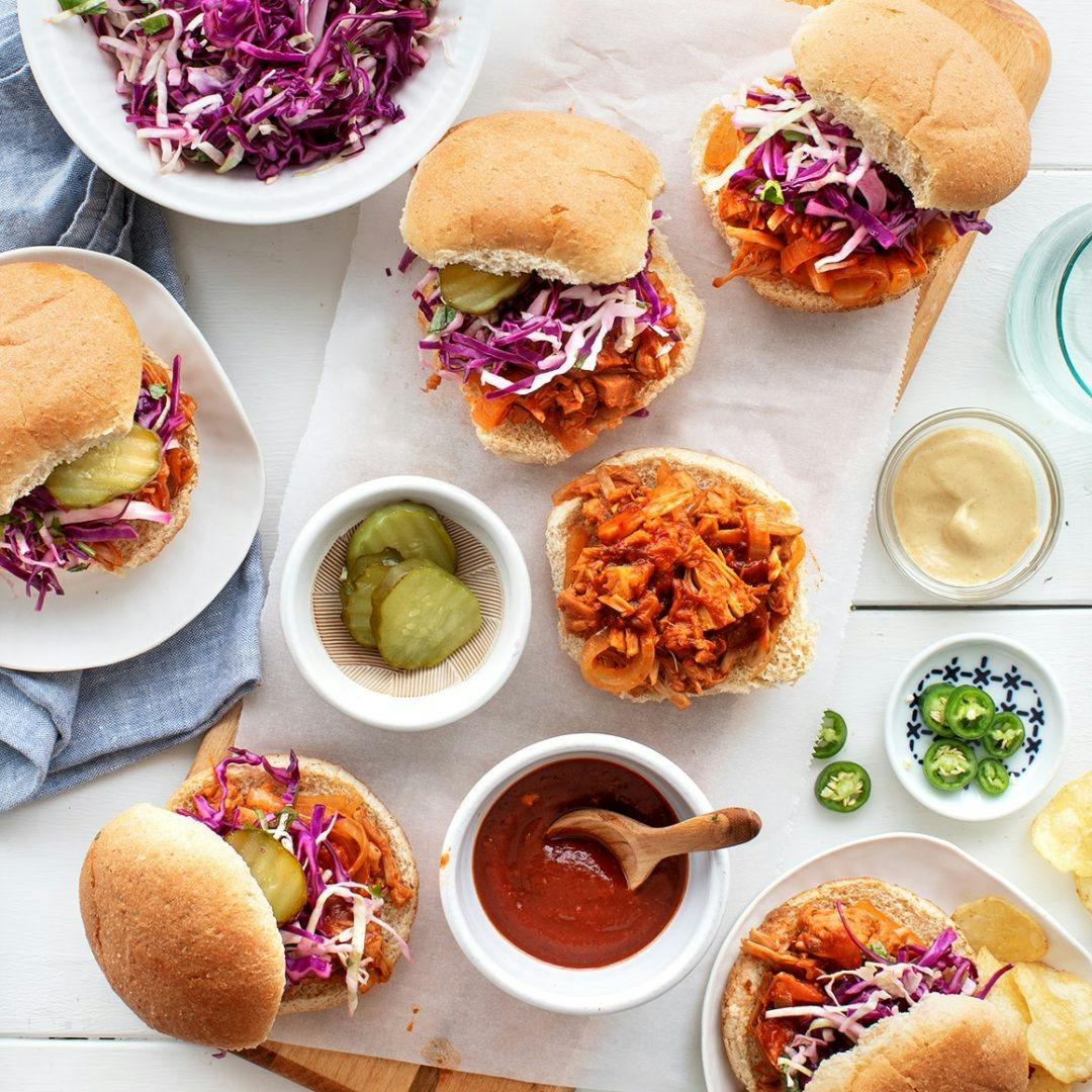 BBQ jackfruit sandwiches with potato chips