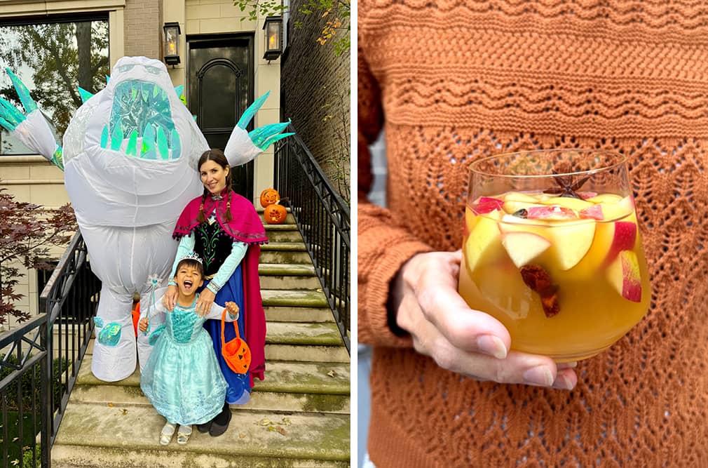 Side-by-side photos of Jeanine, Jack, and Ollie dressed up for Halloween; and Jeanine holding a glass of apple cider sangria