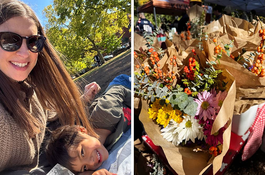 Side-by-side photos of Jeanine and Ollie at the farmers market; and bouquets of fall flowers