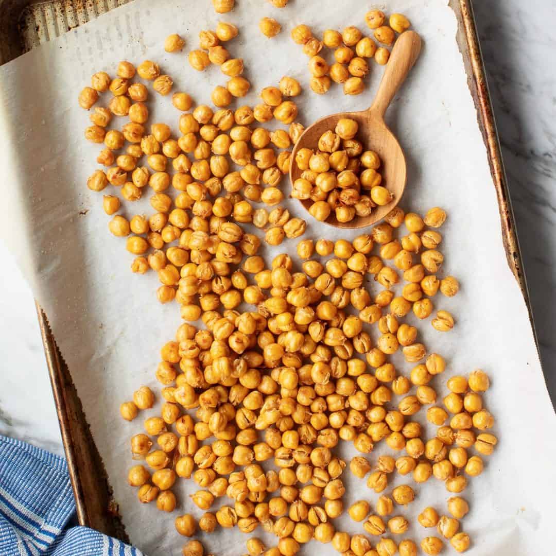 Roasted chickpeas on a baking sheet