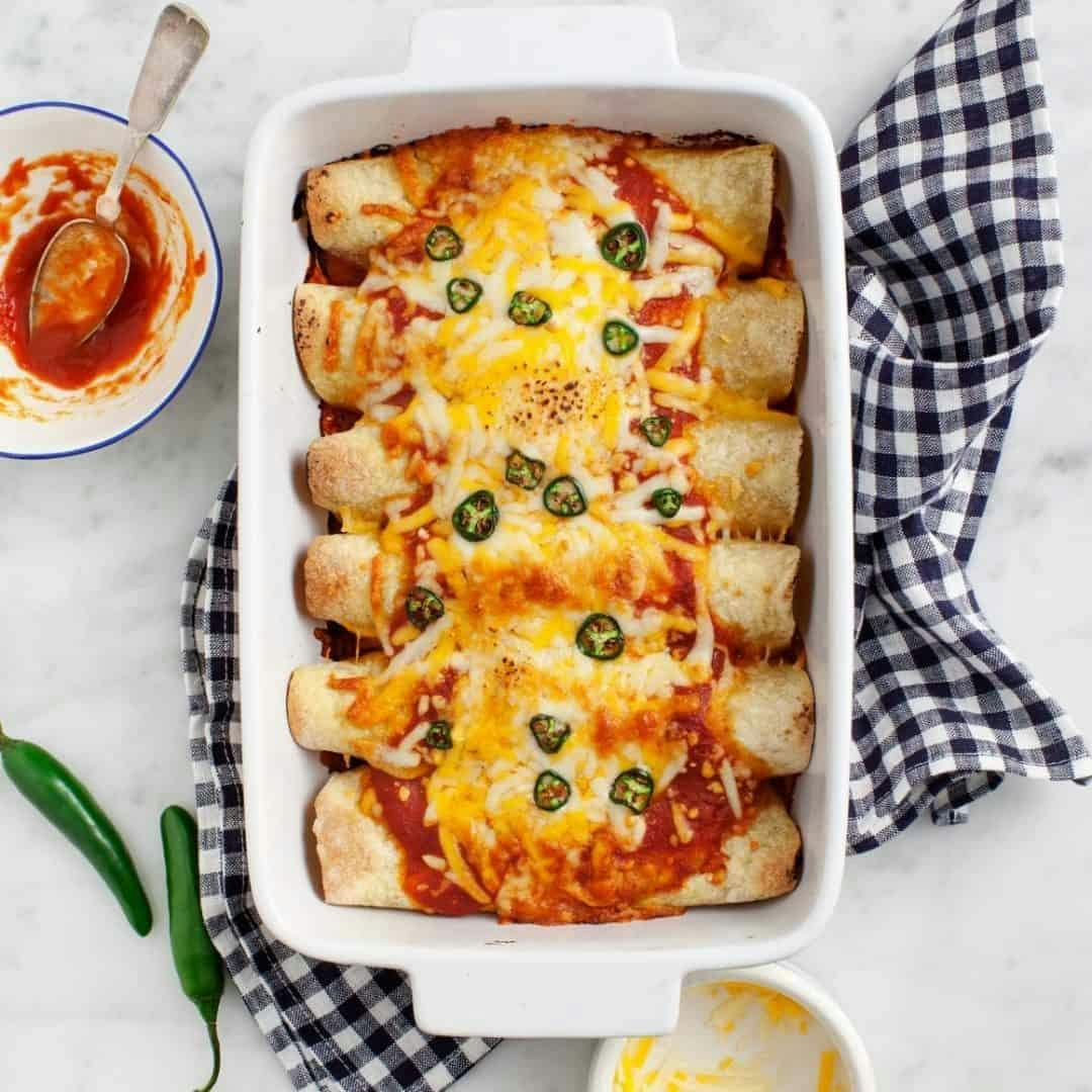 Vegetarian enchiladas in a baking dish