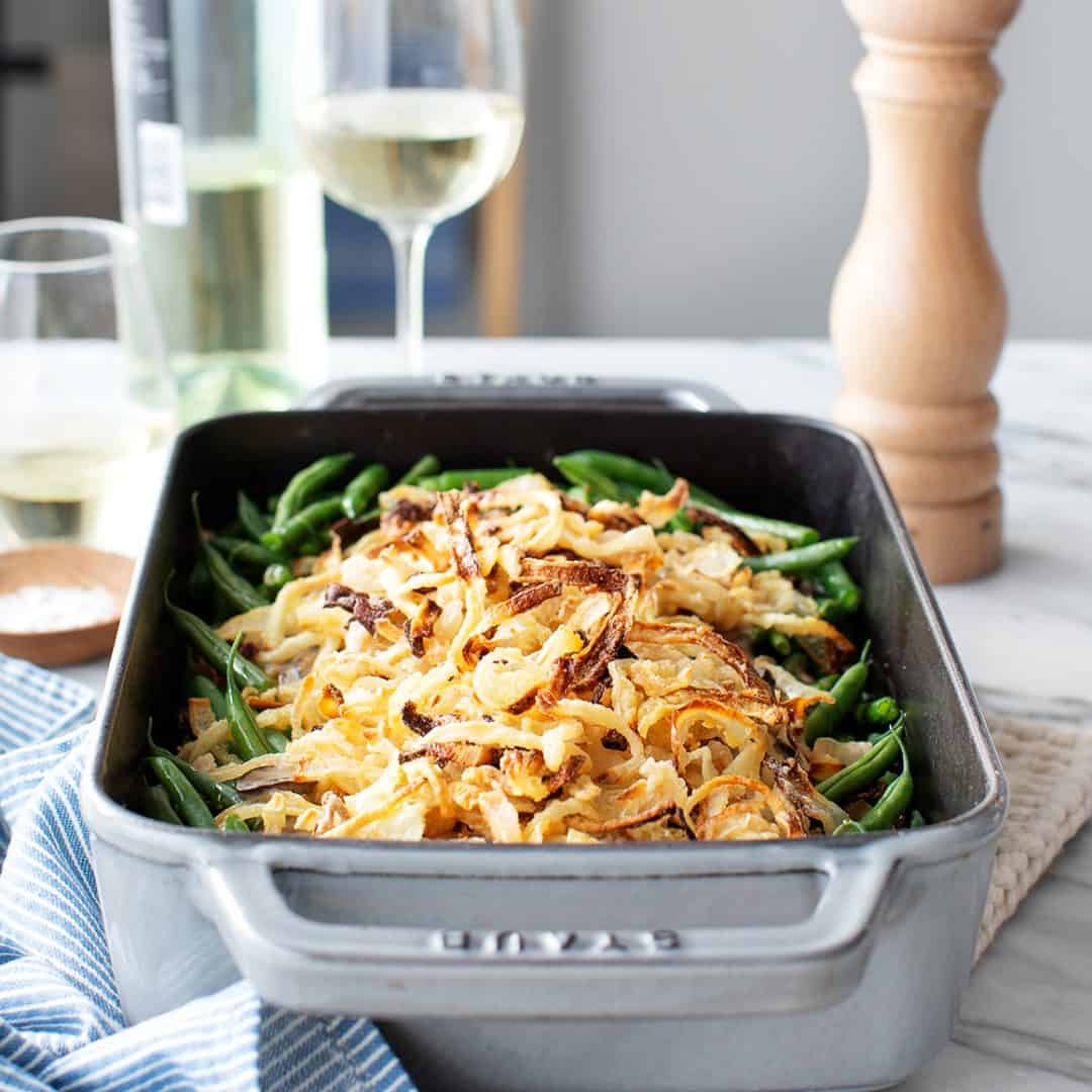 Green bean casserole with crispy onion topping